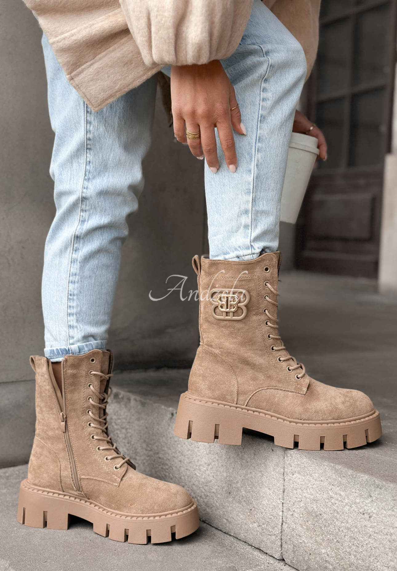 Schnürstiefeletten aus Wildlederimitat Misty Morning Beige