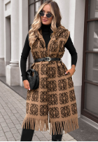 Długi Cardigan Mit Muster z frędzlami i paskiem Rain Check Camel