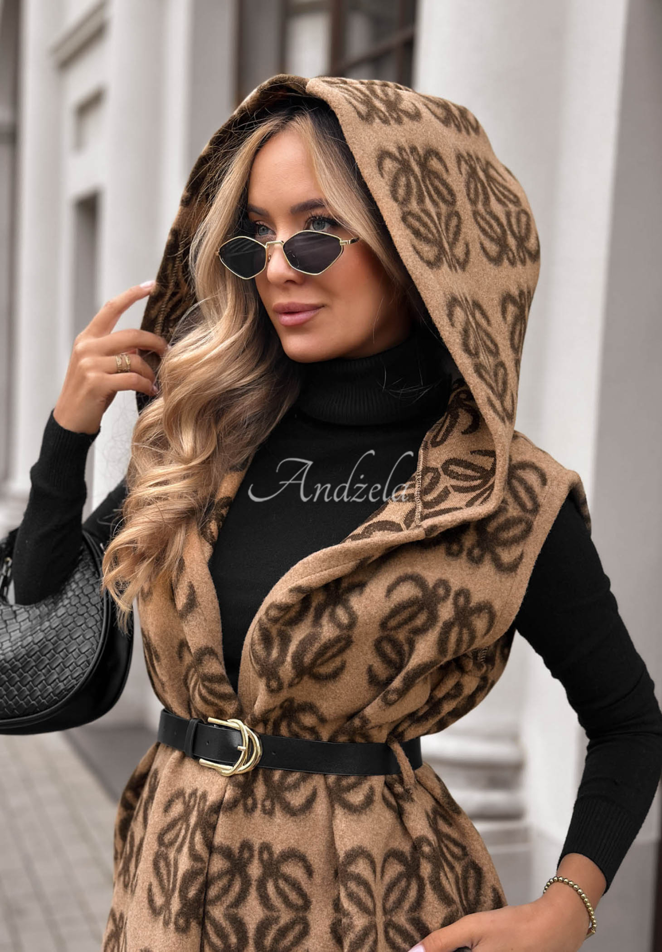 Lange, gemusterte Weste mit Fransen Rain Check Camel