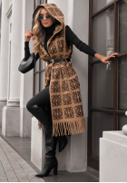 Długi Cardigan Mit Muster z frędzlami i paskiem Rain Check Camel