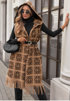 Długi Cardigan Mit Muster z frędzlami i paskiem Rain Check Camel
