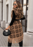 Długi Cardigan Mit Muster z frędzlami i paskiem Rain Check Camel