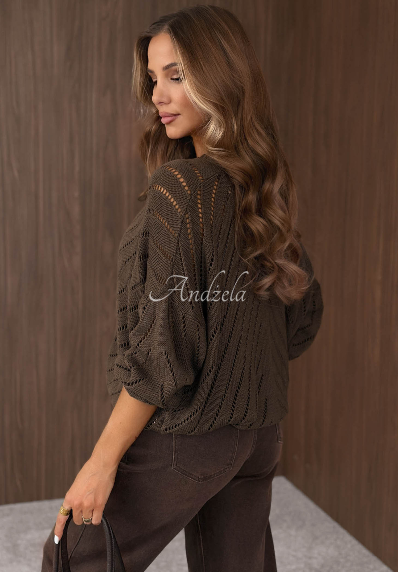 Kurze, durchbrochene Strickjacke aus Baumwolle Cozy Touch Schokoladenbraun