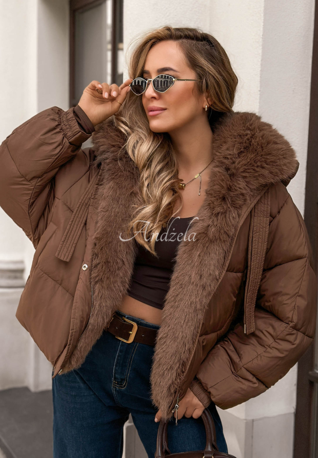 Kurze, gesteppte Jacke mit Kunstfell Frosty Darling Schokoladenbraun