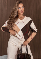 Krótki Pullover z dekoltem w romby Classy Autumn Ecru