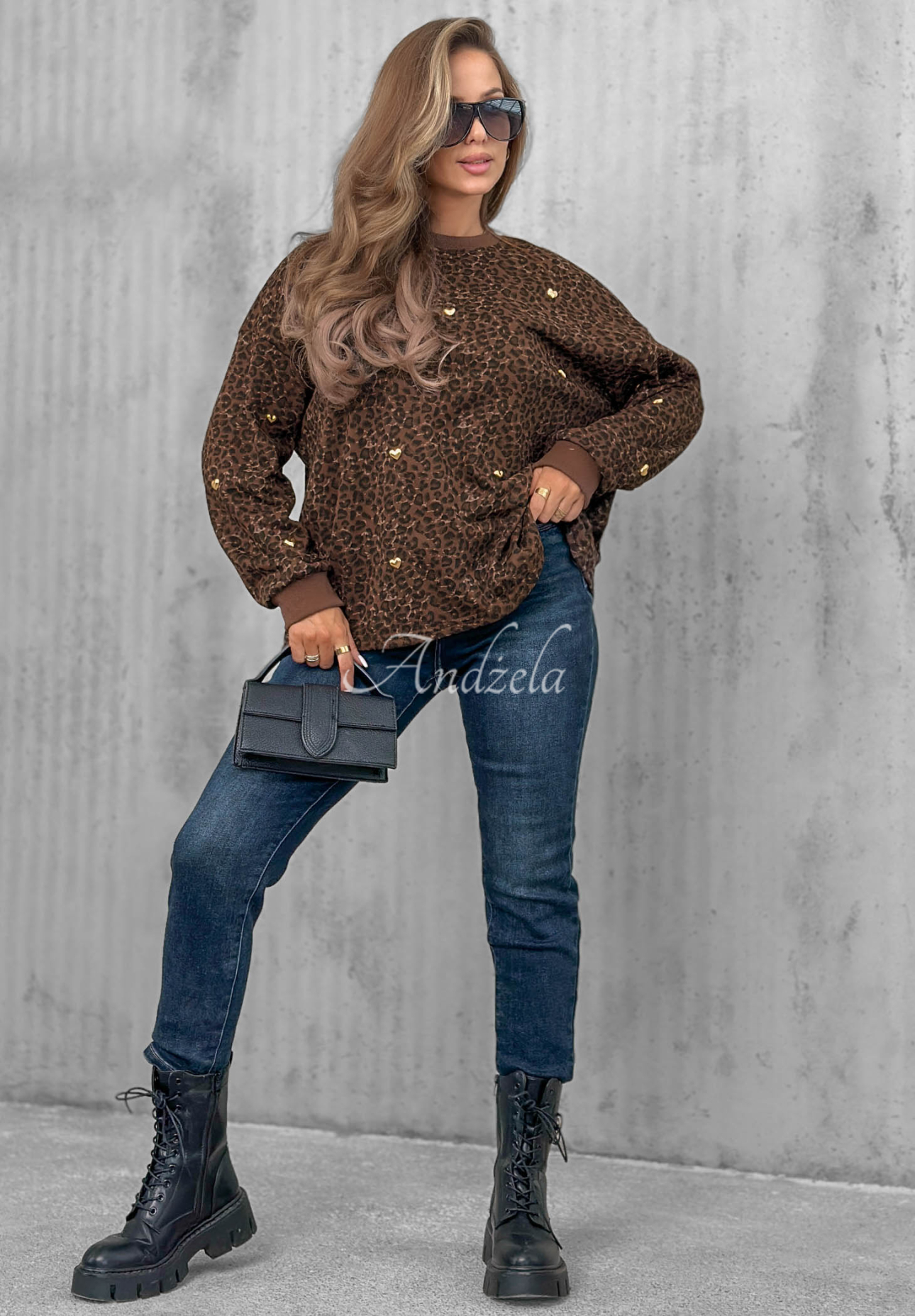 Baumwoll-Sweatshirt mit Leopardenmuster und Herzen Romantic Autumn Schokoladenbraun