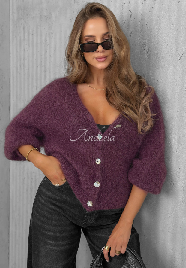 Kurzer Mohair-Cardigan mit Knopf Sugar Cloud Beerenfarben