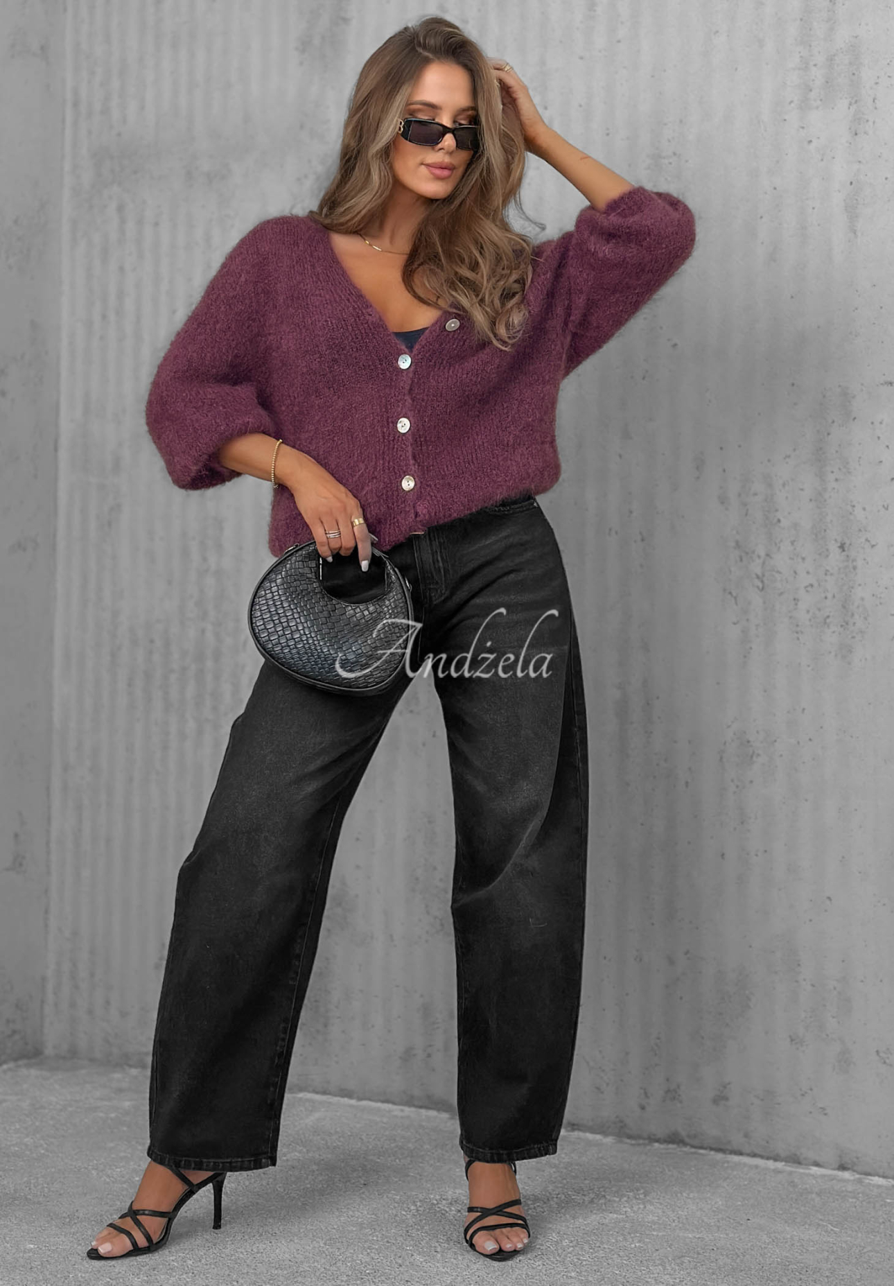 Kurzer Mohair-Cardigan mit Knopf Sugar Cloud Beerenfarben