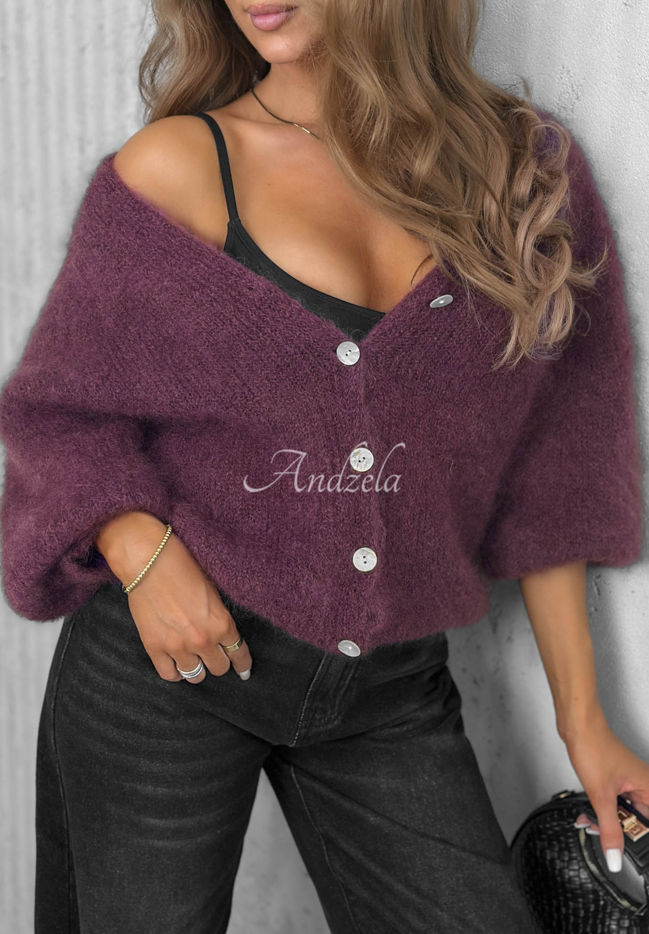 Kurzer Mohair-Cardigan mit Knopf Sugar Cloud Beerenfarben