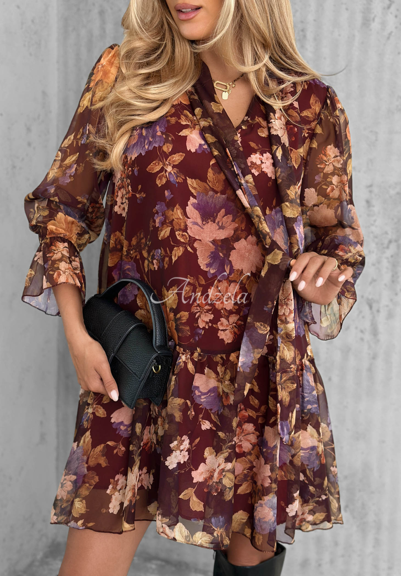Kleid mit Blumenmuster, Bindeband und Rüschen Rusty Rose Burgunderrot