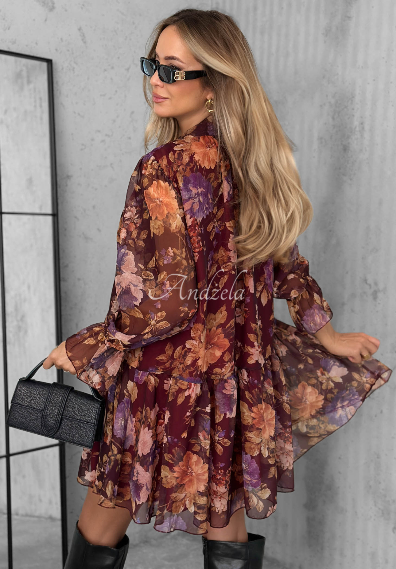 Kleid mit Blumenmuster, Bindeband und Rüschen Rusty Rose Burgunderrot