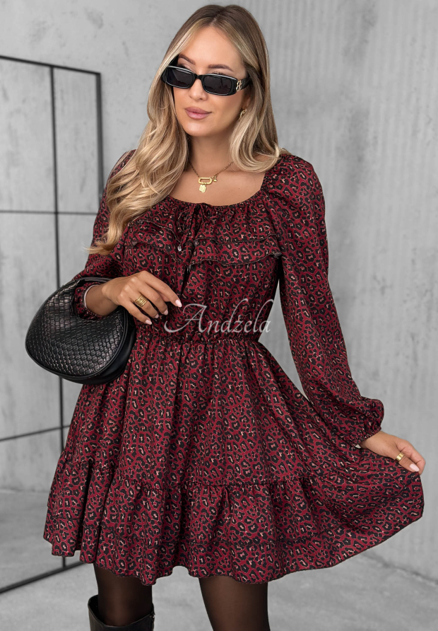Viskose-Kleid mit R&uuml;schen und Leopardenmuster Soft Autumn Beerenfarben