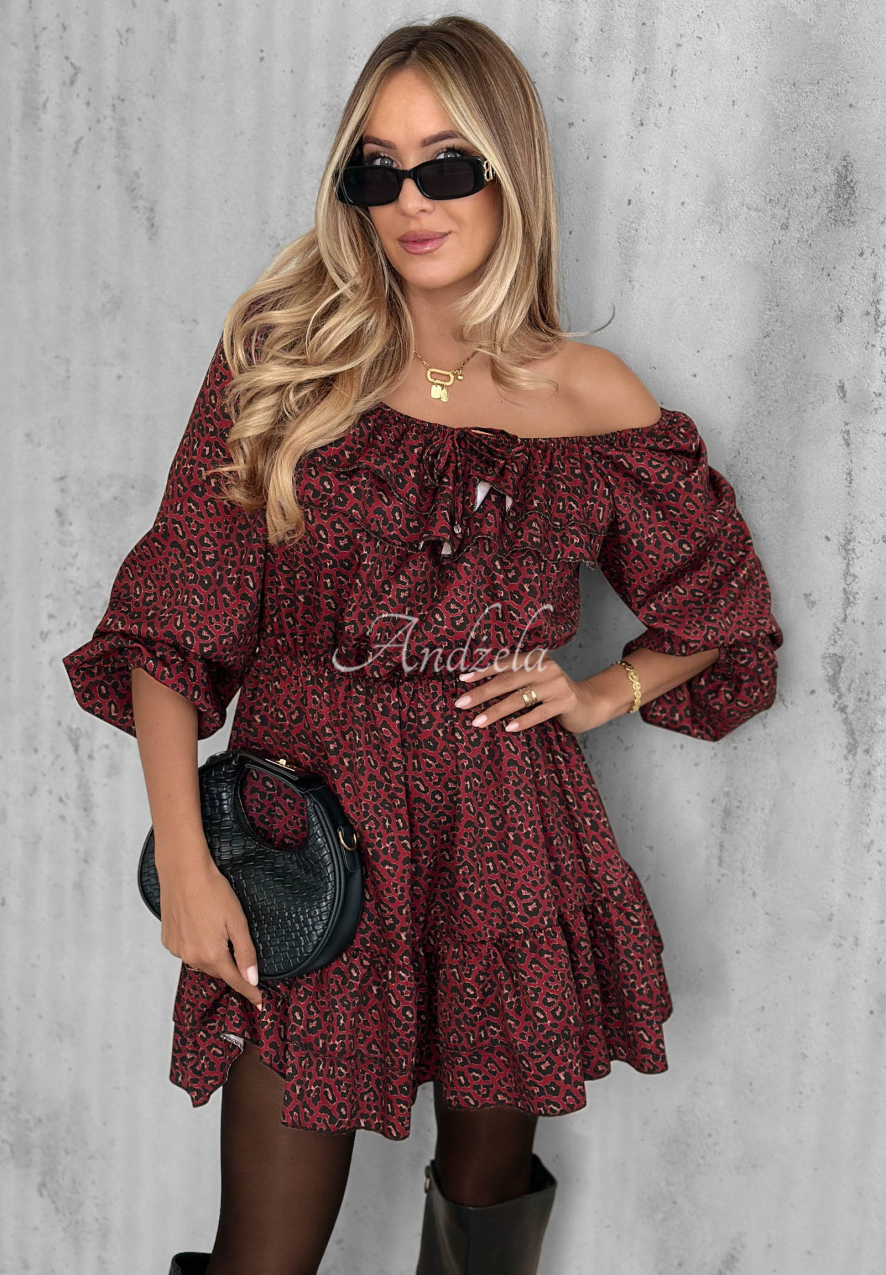 Viskose-Kleid mit Rüschen und Leopardenmuster Soft Autumn Beerenfarben
