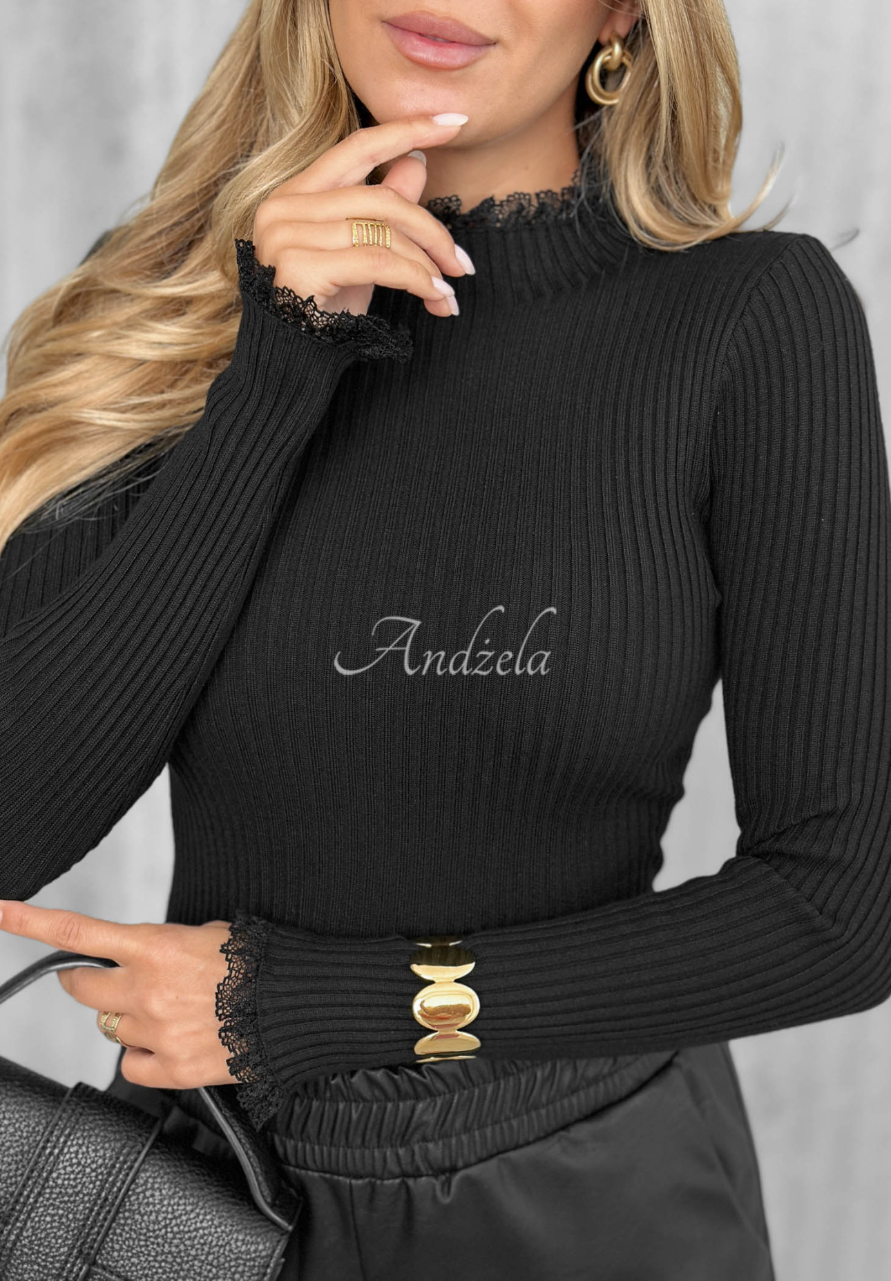Gerippter Viskose-Pullover mit Spitze Subtle Mist Schwarz