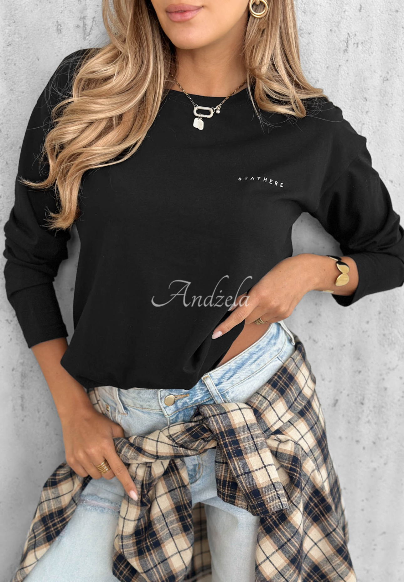 Baumwollbluse mit langen Ärmeln Simple Chic Schwarz