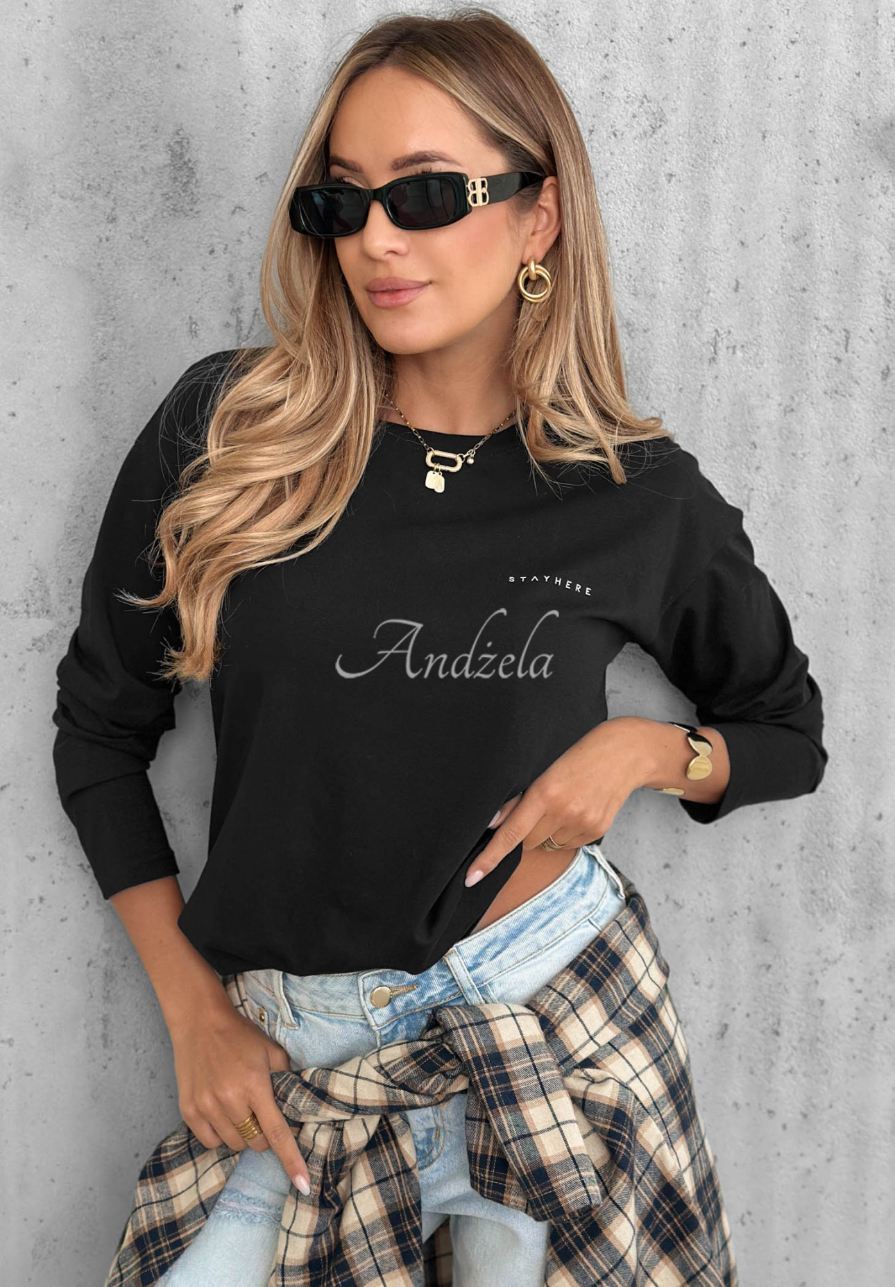 Baumwollbluse mit langen Ärmeln Simple Chic Schwarz