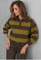 Pullover z kołnierzem w paski Warm Stories czekoladowo-Grün