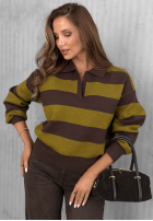 Pullover z kołnierzem w paski Warm Stories czekoladowo-Grün