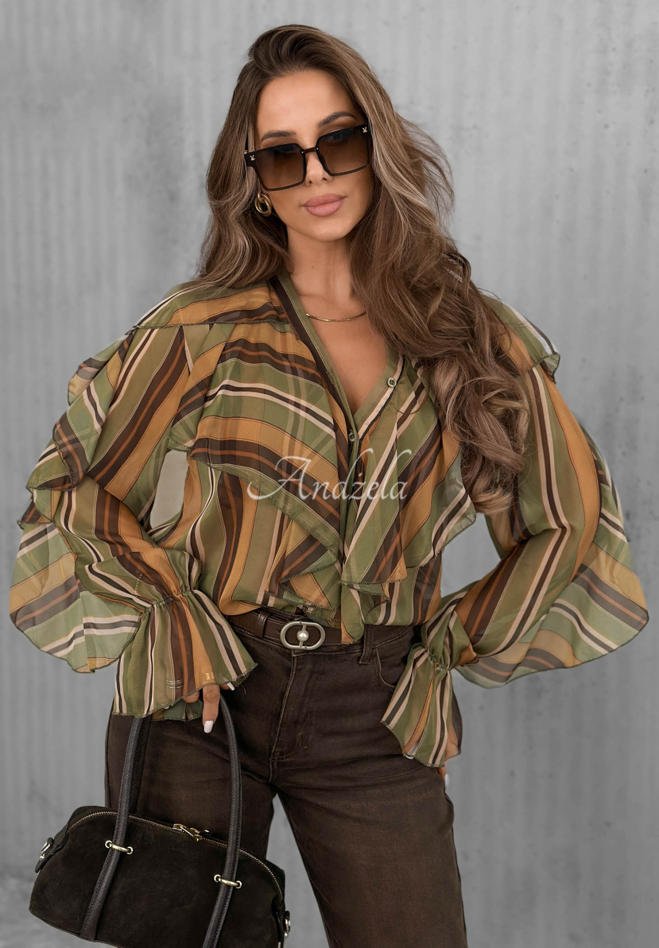 Gestreiftes Rüschenhemd Soft Allure Olivengrün-camel