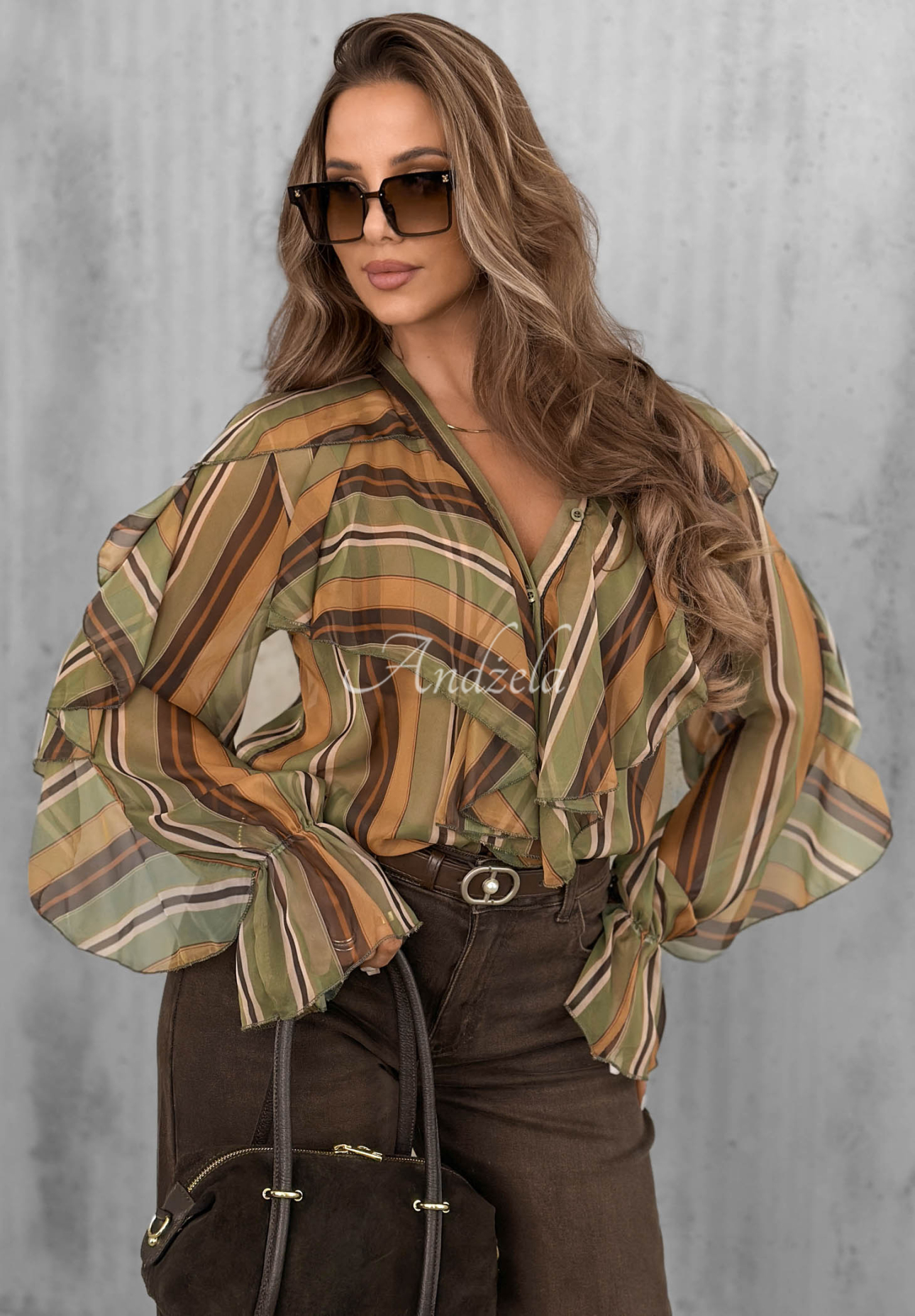 Gestreiftes Rüschenhemd Soft Allure Olivengrün-camel
