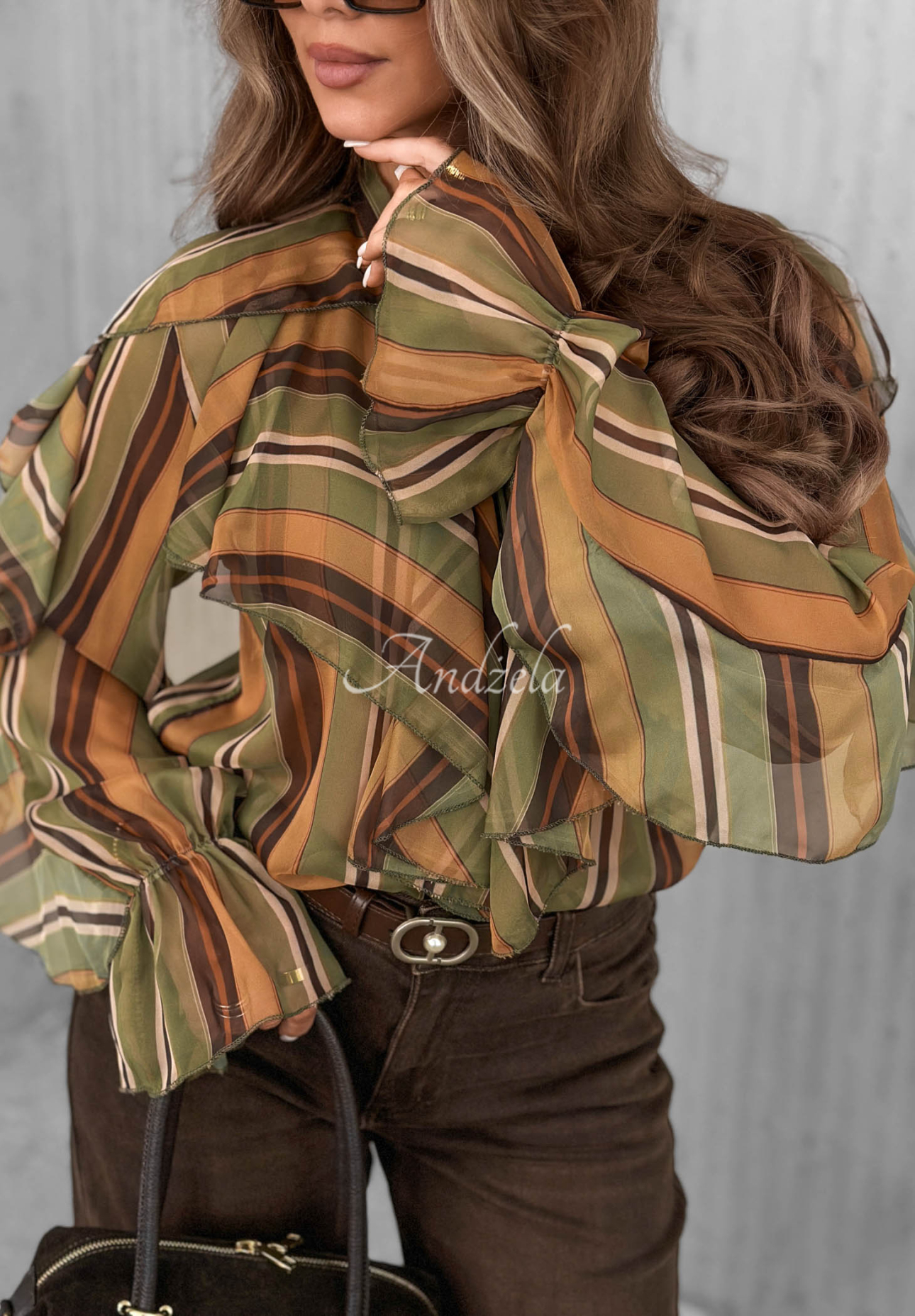 Gestreiftes Rüschenhemd Soft Allure Olivengrün-camel