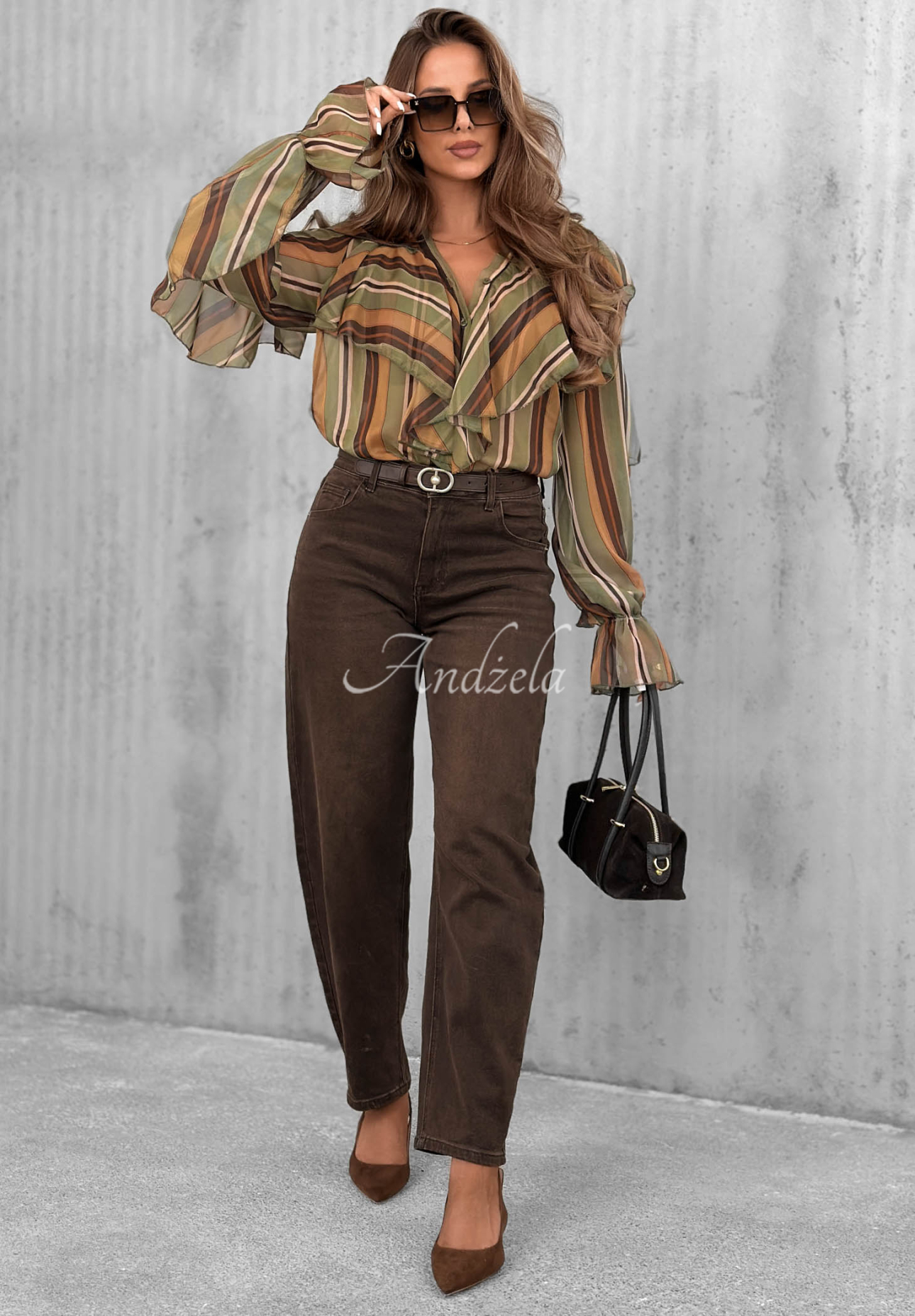 Gestreiftes Rüschenhemd Soft Allure Olivengrün-camel