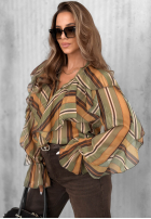 Hemd z falbankami w paski Soft Allure oliwkowo-Camel