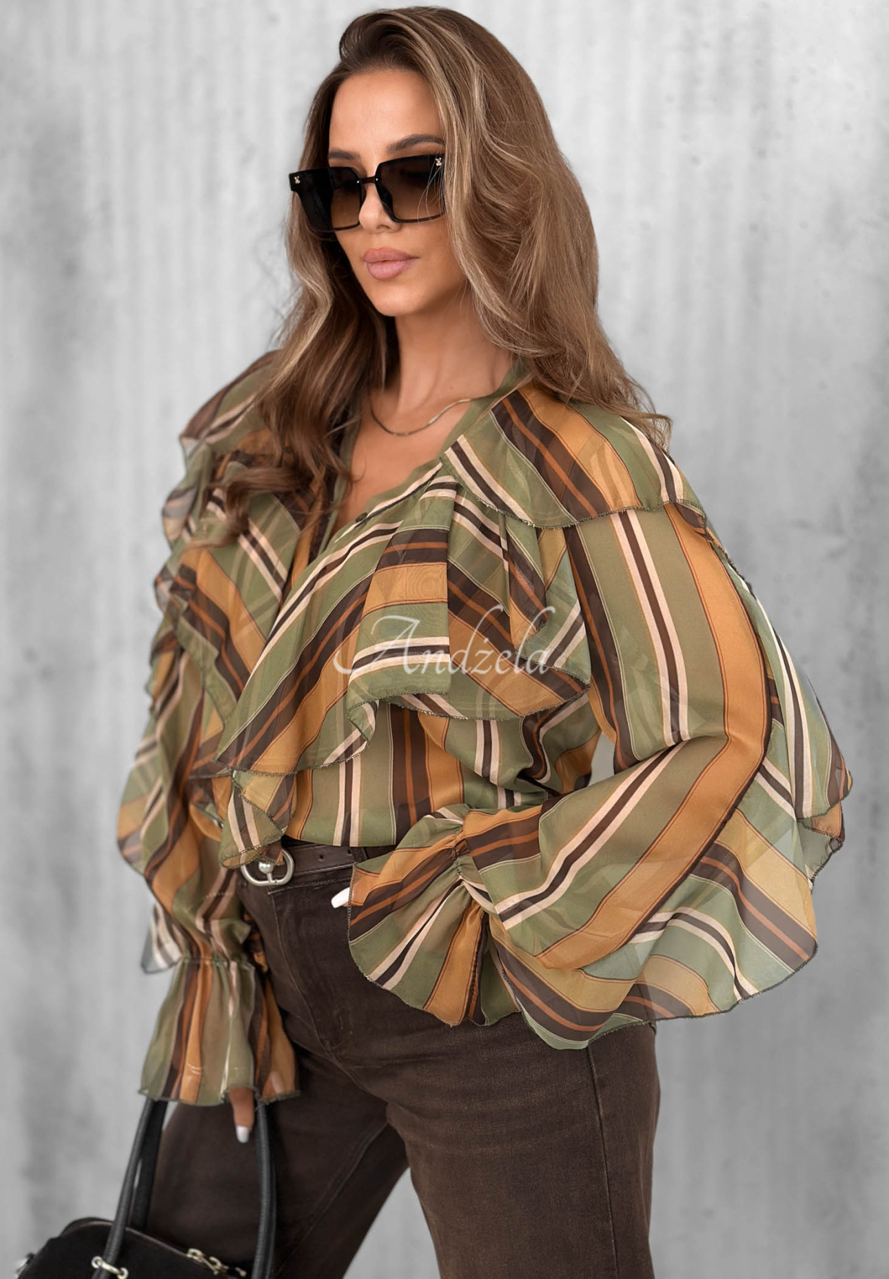 Gestreiftes Rüschenhemd Soft Allure Olivengrün-camel