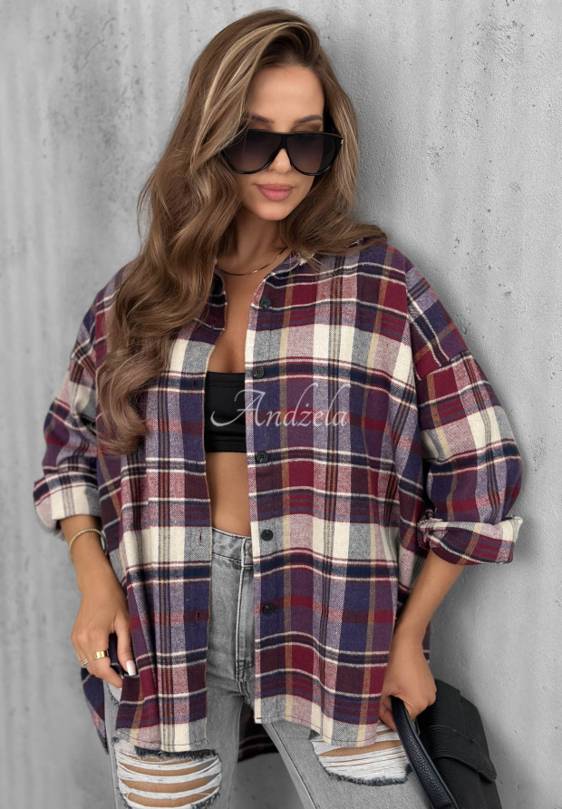 Asymmetrisches kariertes Baumwollhemd Clouds & Coffee Beerenfarben