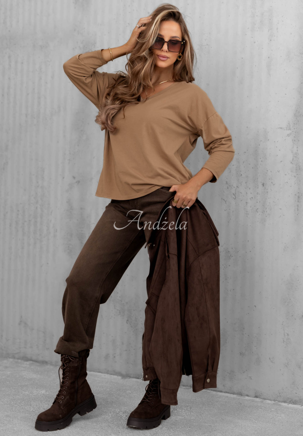 Langarmbluse aus Baumwolle mit V-Ausschnitt Daily Style Camel
