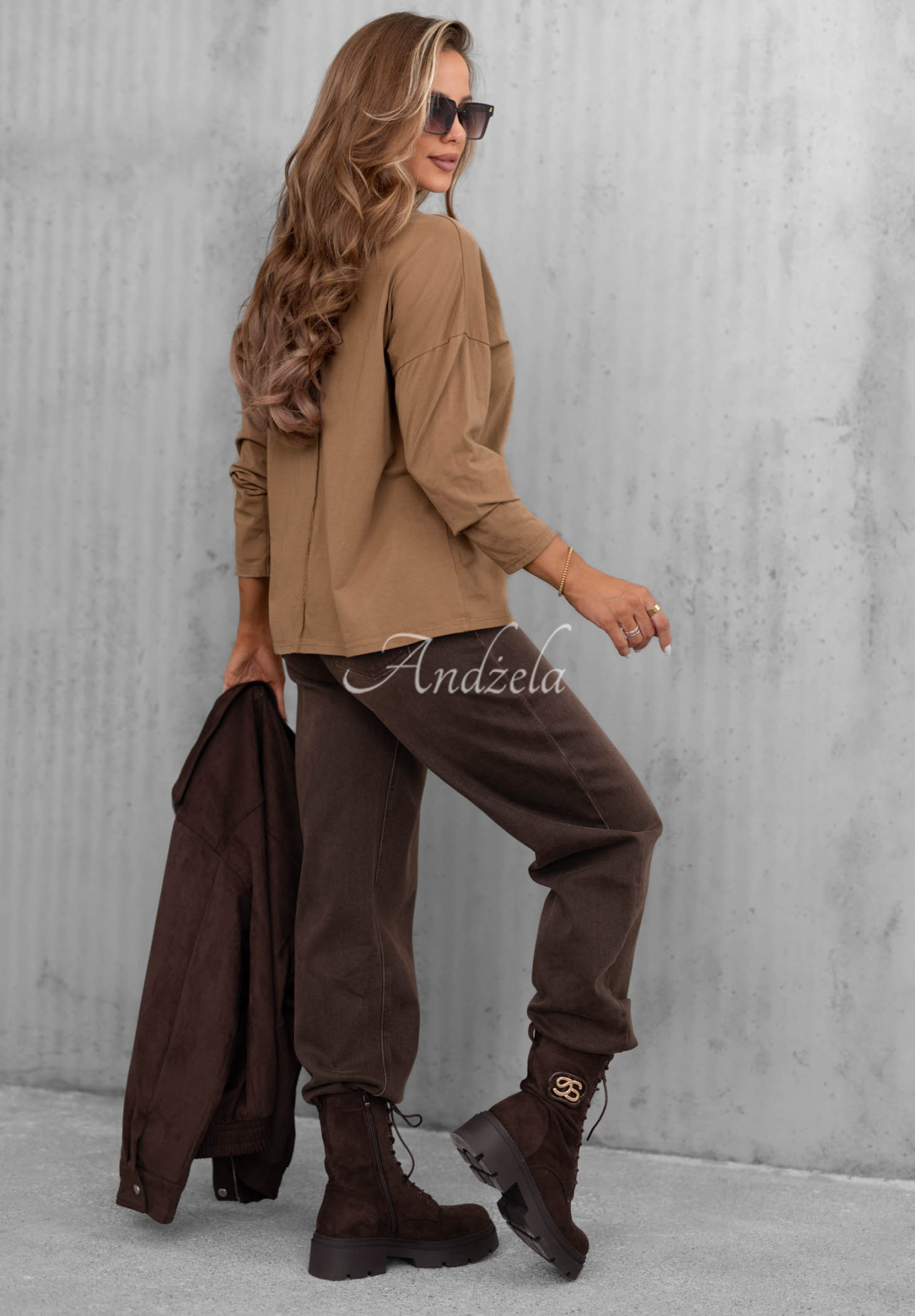 Langarmbluse aus Baumwolle mit V-Ausschnitt Daily Style Camel