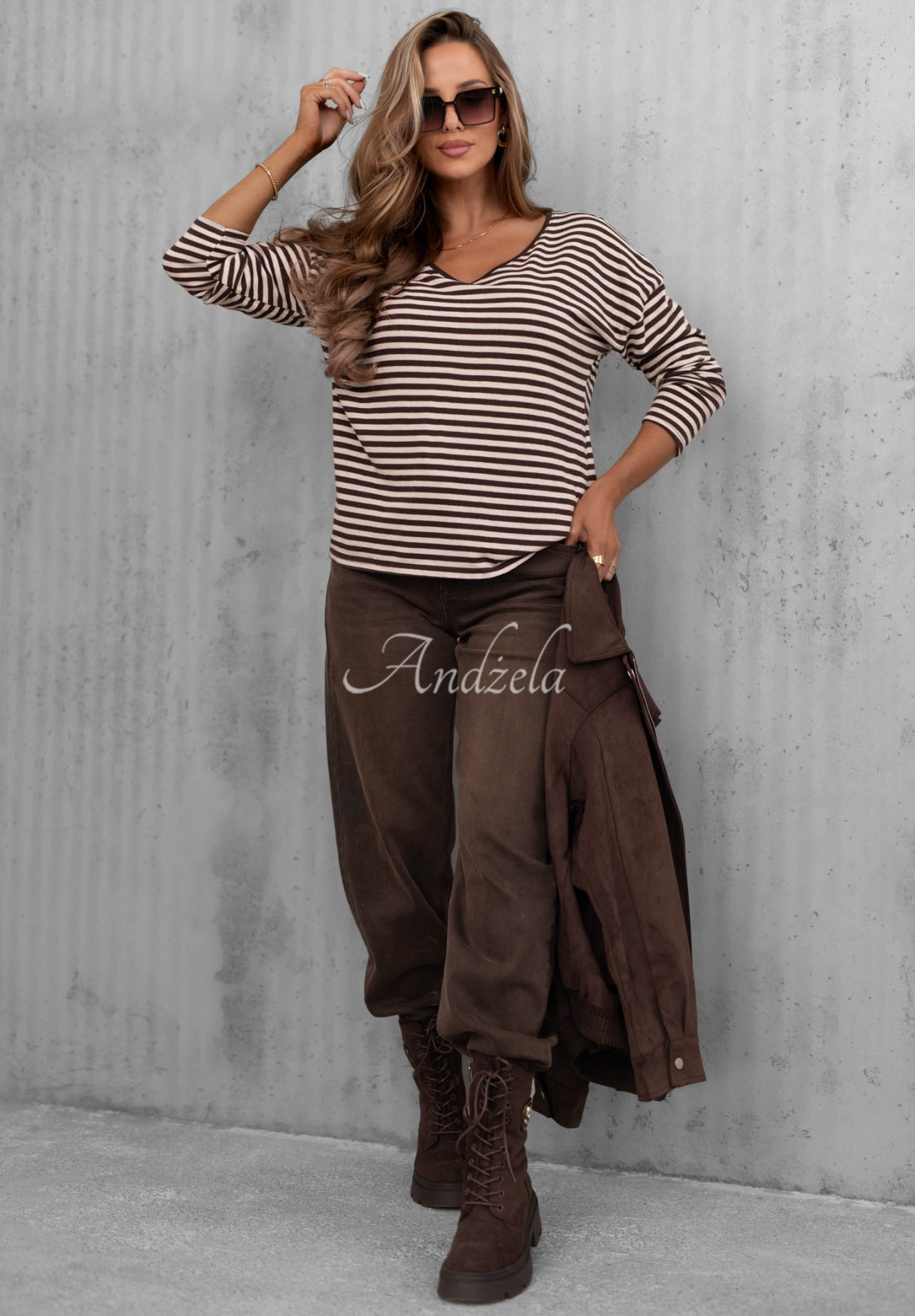 Baumwollpullover mit gestreiftem Halsausschnitt Lovely Autumn  Beige-Schokoladenbraun
