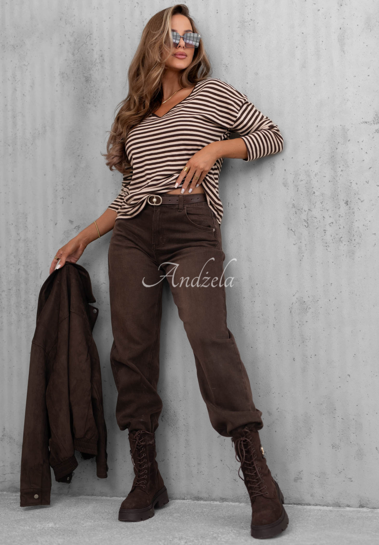 Baumwollpullover mit gestreiftem Halsausschnitt Lovely Autumn  Beige-Schokoladenbraun