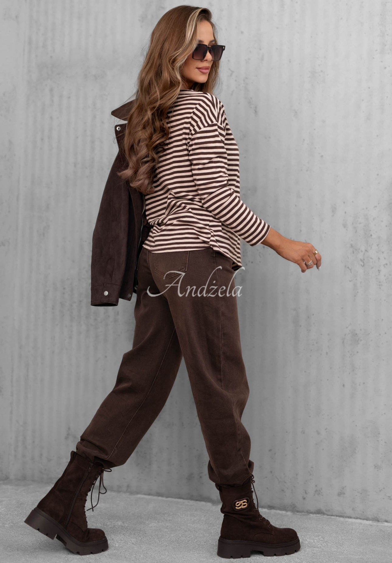 Baumwollpullover mit gestreiftem Halsausschnitt Lovely Autumn  Beige-Schokoladenbraun