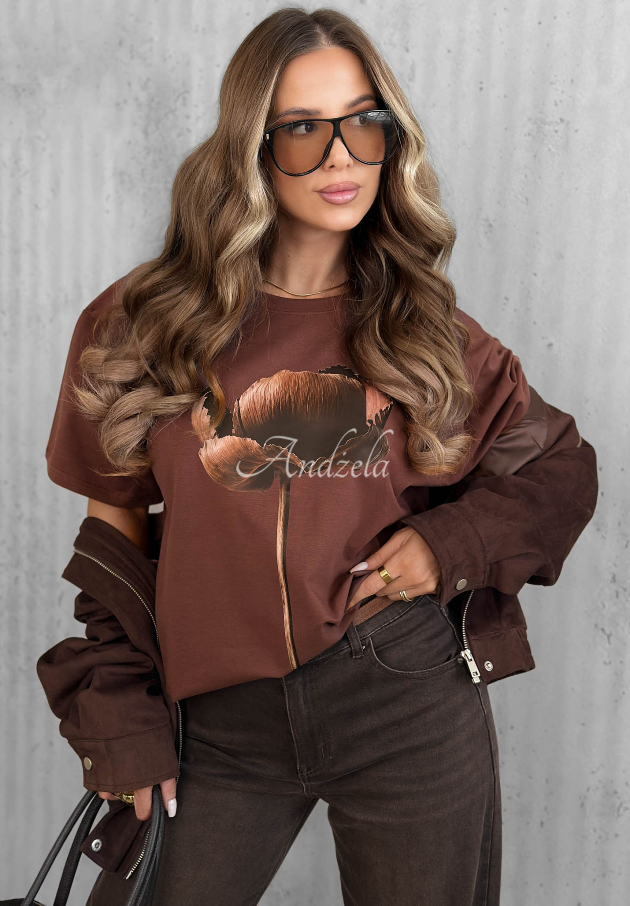 Baumwoll-T-Shirt mit Aufdruck Flower Memory Schokoladenbraun
