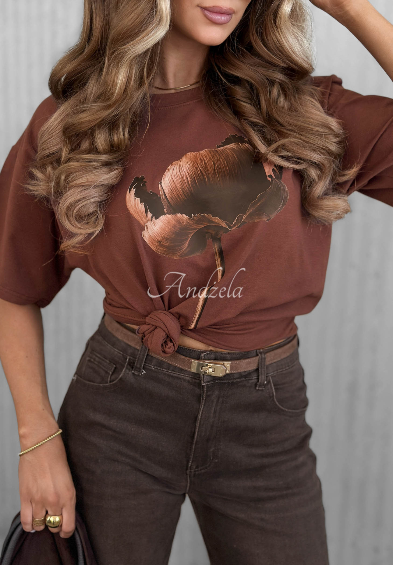Baumwoll-T-Shirt mit Aufdruck Flower Memory Schokoladenbraun