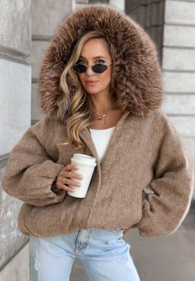 Kurze Bomberjacke aus Wolle und Pelz Cozy Story Camel