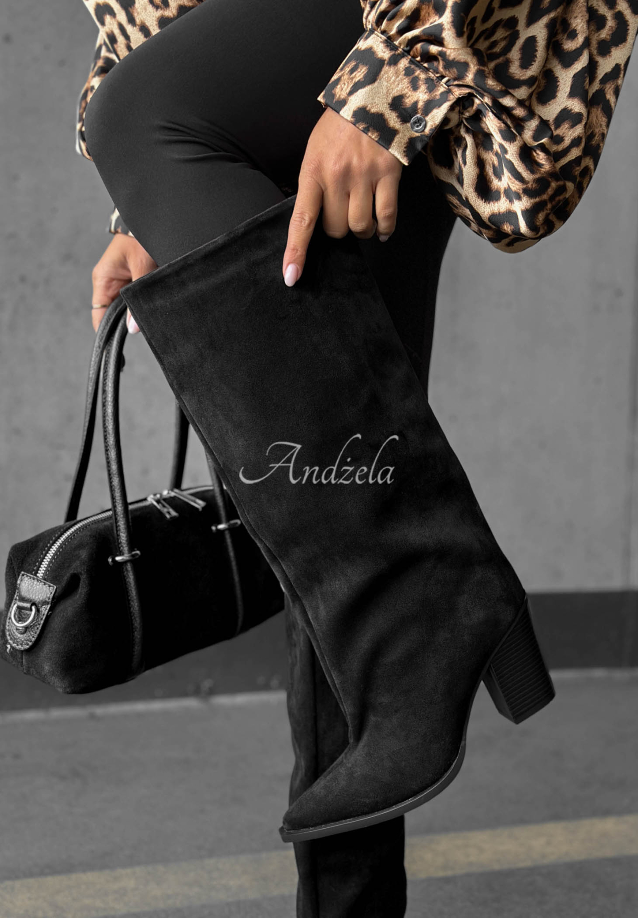 Lange Wildlederstiefel mit Blockabsatz Fall Style Schwarz