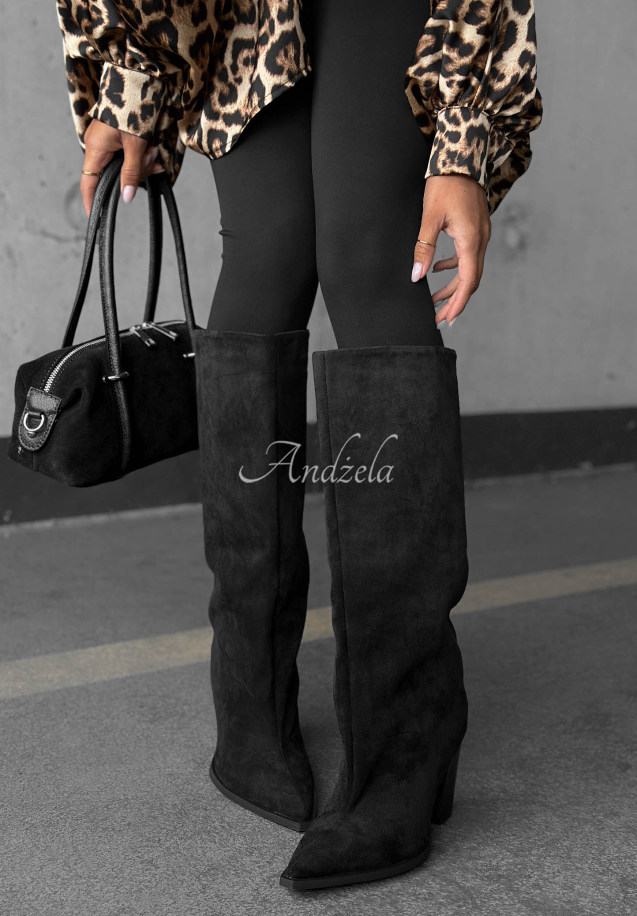 Lange Wildlederstiefel mit Blockabsatz Fall Style Schwarz