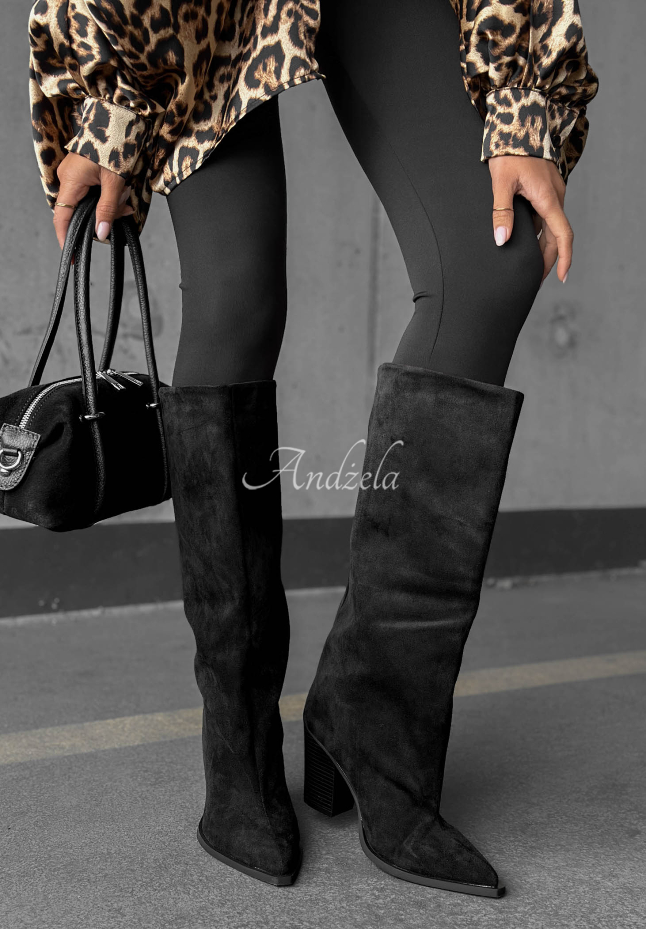 Lange Wildlederstiefel mit Blockabsatz Fall Style Schwarz