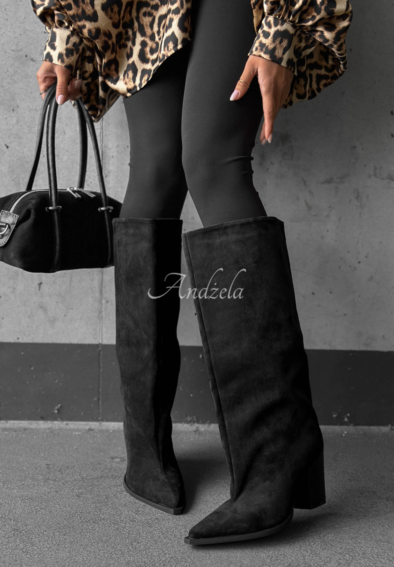 Lange Wildlederstiefel mit Blockabsatz Fall Style Schwarz