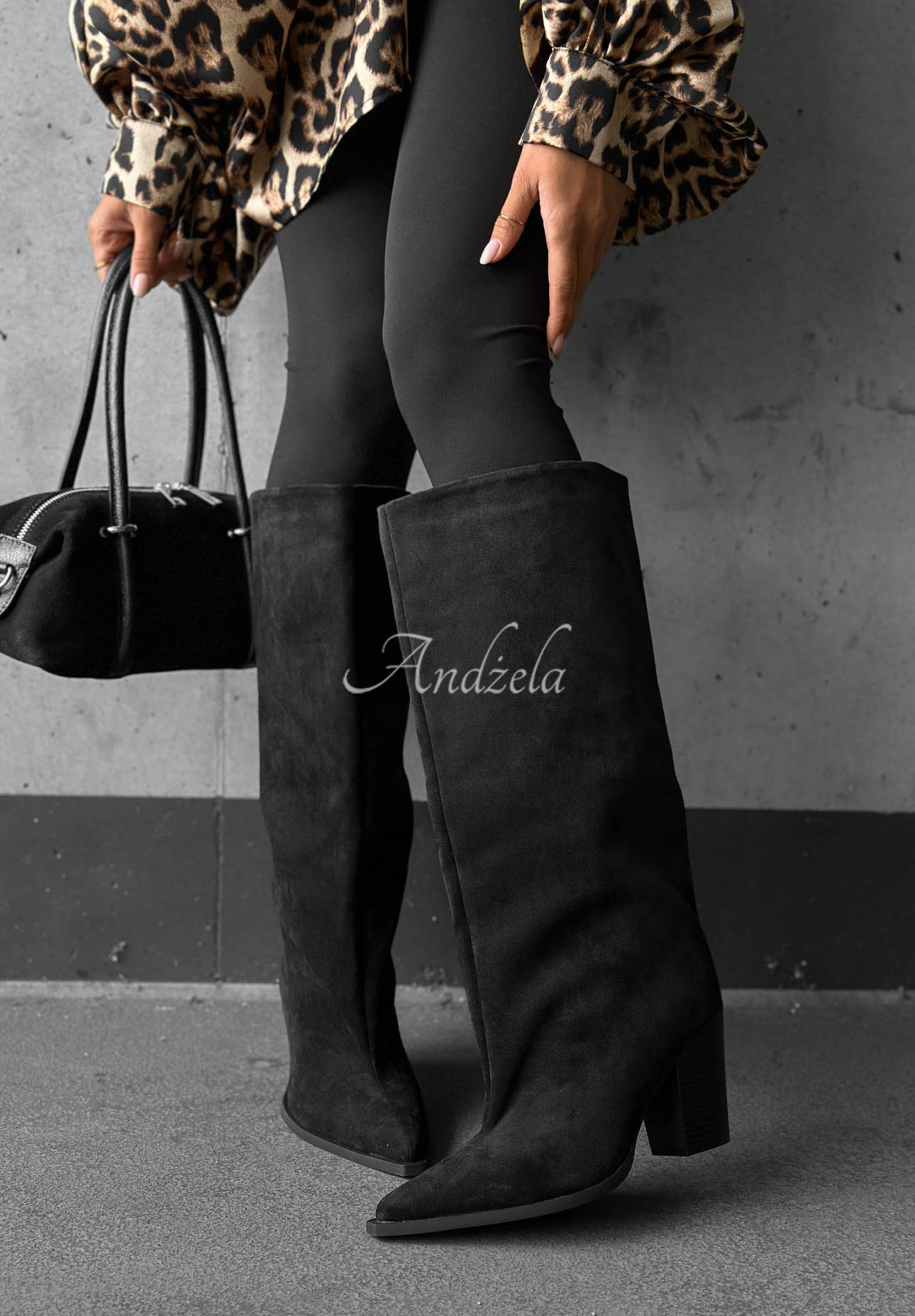 Lange Wildlederstiefel mit Blockabsatz Fall Style Schwarz