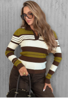 Prążkowana Bluse z kołnierzykiem w paski Cozy Moments Khaki