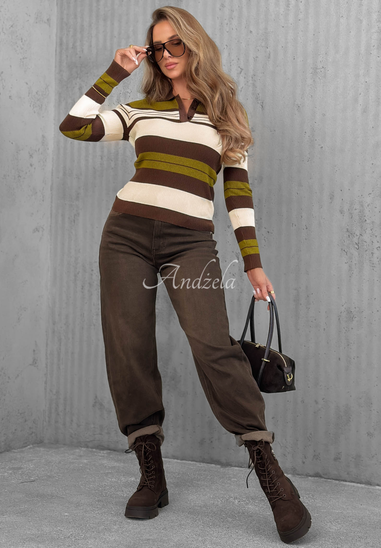 Gerippte Langarmbluse mit Kragen und Streifen Cozy Moments Khaki