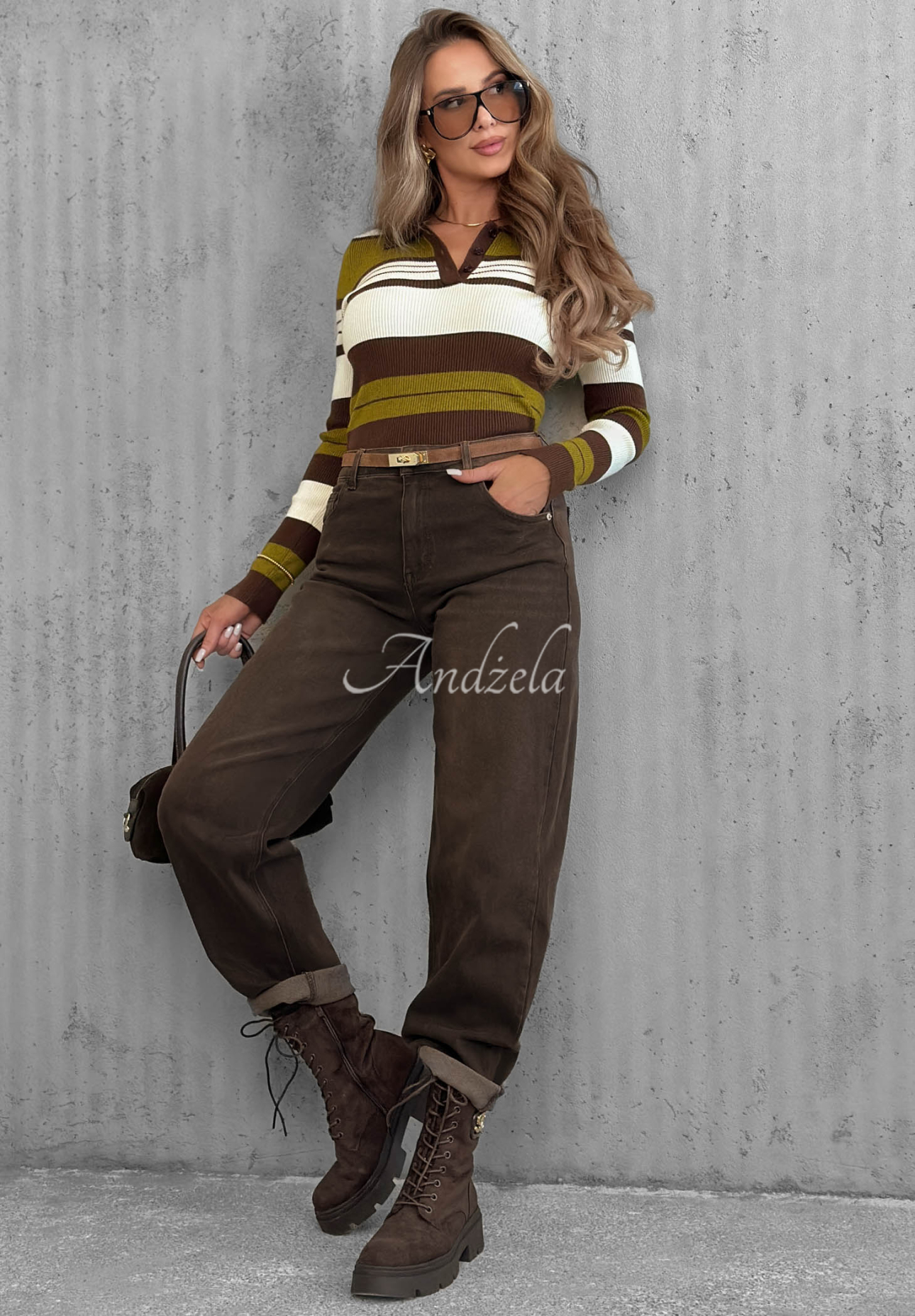 Gerippte Langarmbluse mit Kragen und Streifen Cozy Moments Khaki