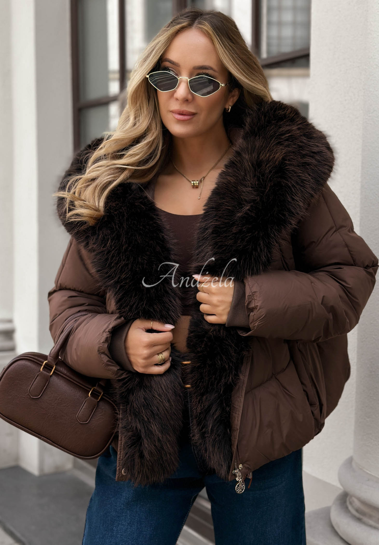 Gesteppte Jacke mit Kunstfell Cloudy Morning Schokoladenbraun