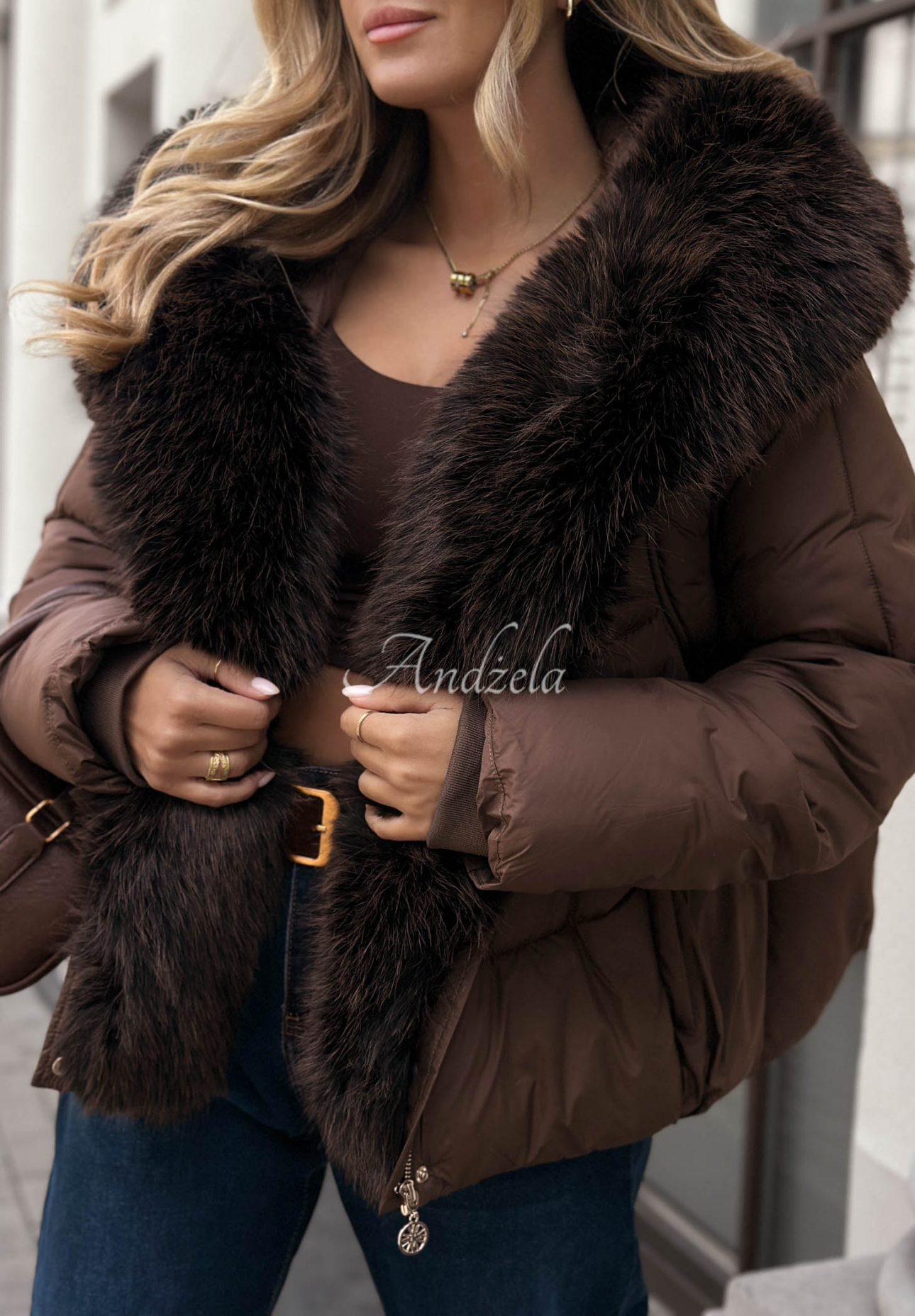 Gesteppte Jacke mit Kunstfell Cloudy Morning Schokoladenbraun