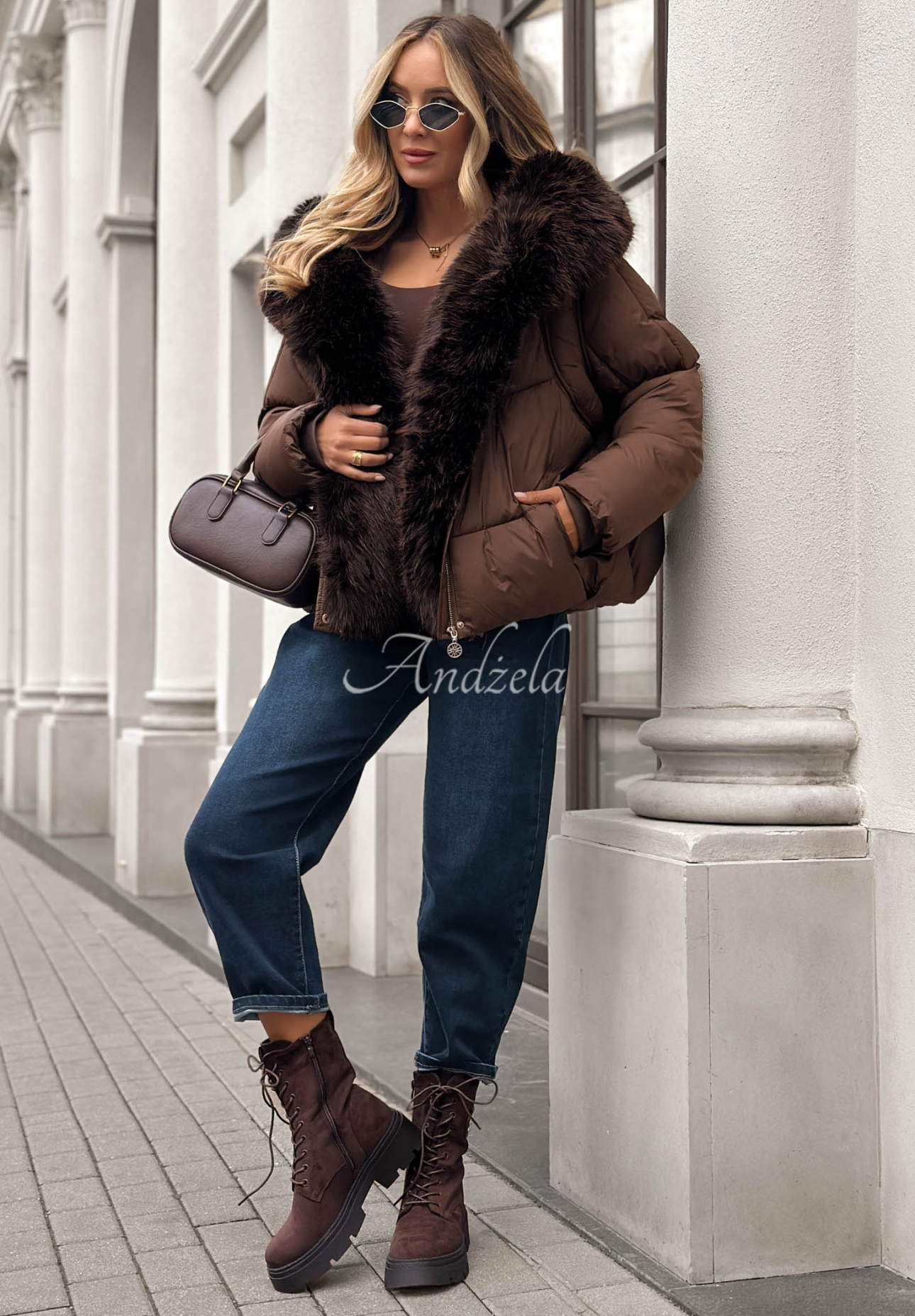Gesteppte Jacke mit Kunstfell Cloudy Morning Schokoladenbraun