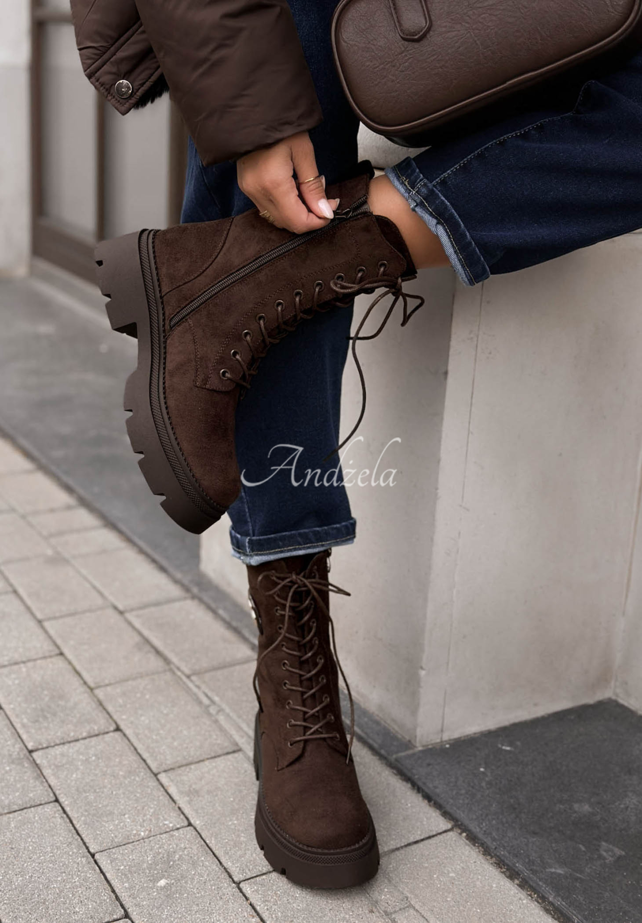Stiefeletten aus Wildlederimitat mit Schnürung Velvet Season Schokoladenbraun
