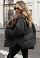 Pikowana Jacke z futerkiem i paskiem Cinnamon Touch Schwarz